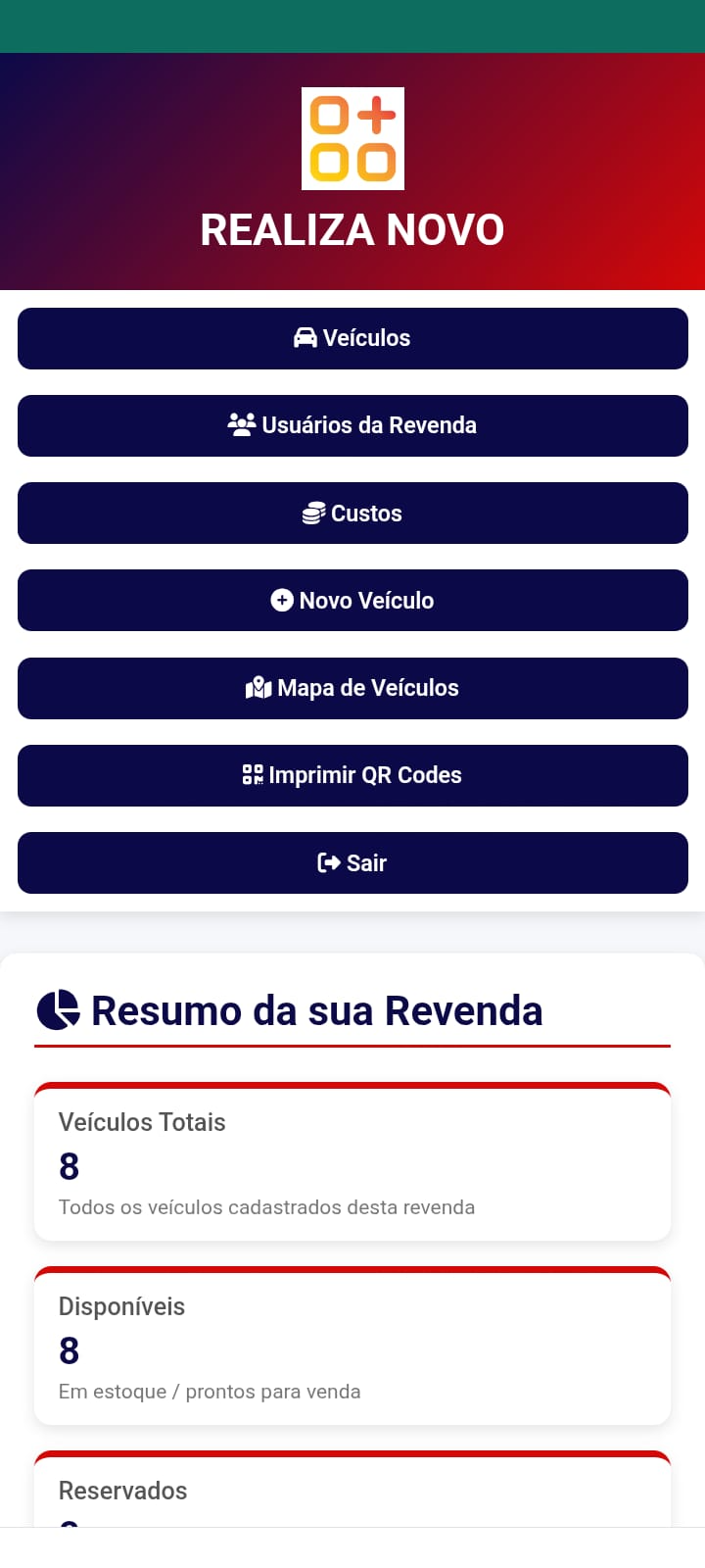 Dashboard da revenda - resumo e atalhos